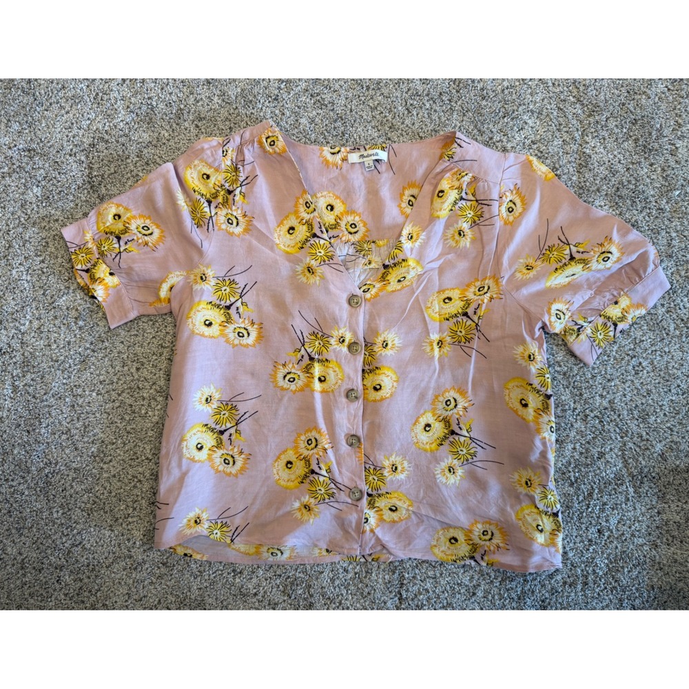 Madewell Pink Yellow Floral Button Front V-Neck Short Sleeve Blouse Small